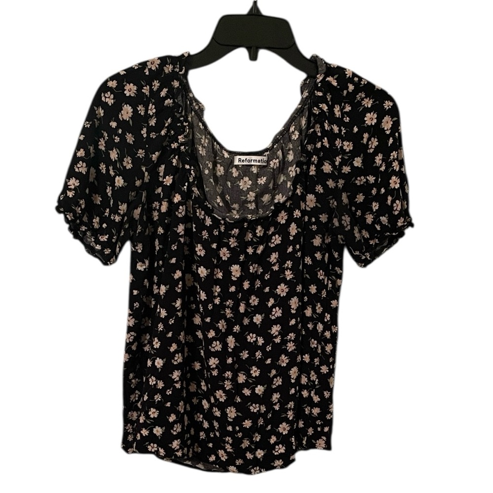 Reformation Women's Black Yellow Cheyanne Hayley Short Ruffle Sleeve Top Size M